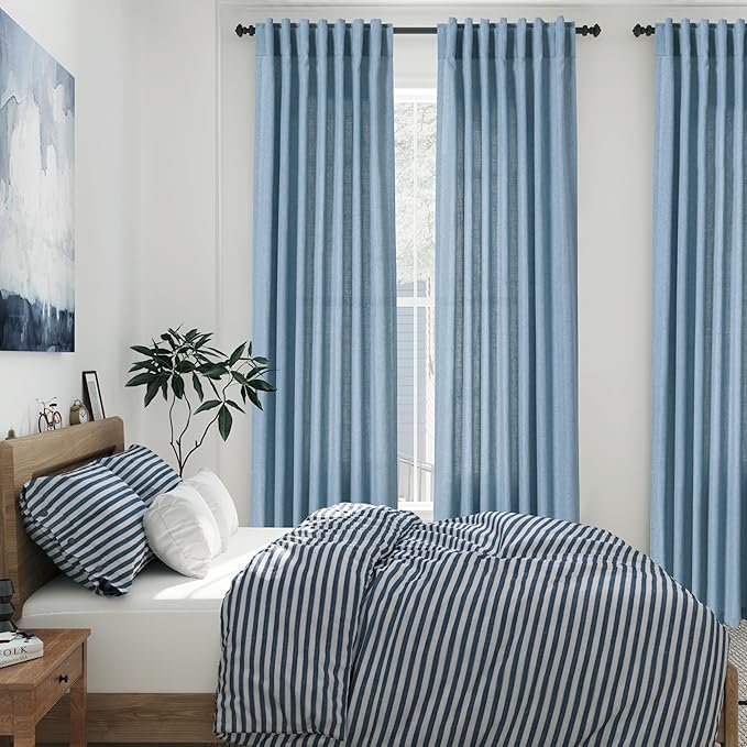 Blue Linen Curtains 96 inches Long for Bedroom Back Tab Light Filtering Privacy Sheer Curtains Modern Farmhouse Coastal Decor Dusty Blue Cotton Textured Gauze Curtain 2 Panel Set 52x96