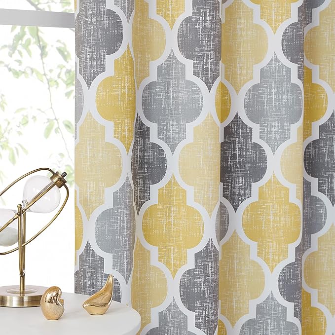Beauoop 100% Blackout Curtains 84 Inches Long 2 Panels for Bedroom Living Room Yellow Grey Moroccan Geo Room Darkening Thermal Insulated Soundproof Rod Pocket Back Tab Window Treatments Drapes, 50x84