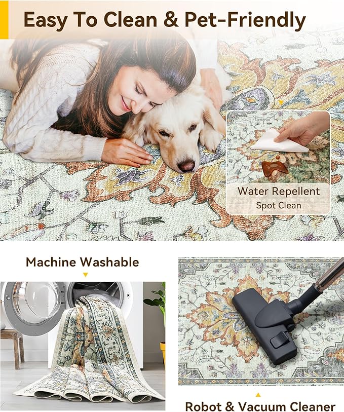 Area Rugs 2'6''x12' Runner Rug Non Slip Washable for Kitchen Hallway Bedroom Beside Laundry Room Bathroom Rug, Floor Carpet, Light Yellow Carbon Grey Orange