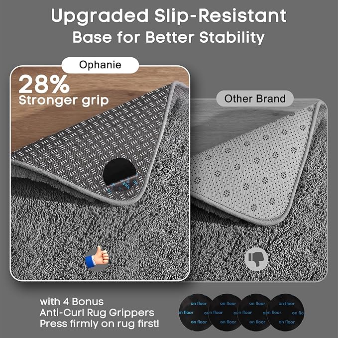 Ophanie Runner Rug for Hallway, 2x5 Upgrade Non-Slip Fluffy Soft Bedside Rugs, Bedroom Living Room Grey Shaggy Gray Carpet for Kids Girls Boys Dorm Nursery Home Decor Aesthetic