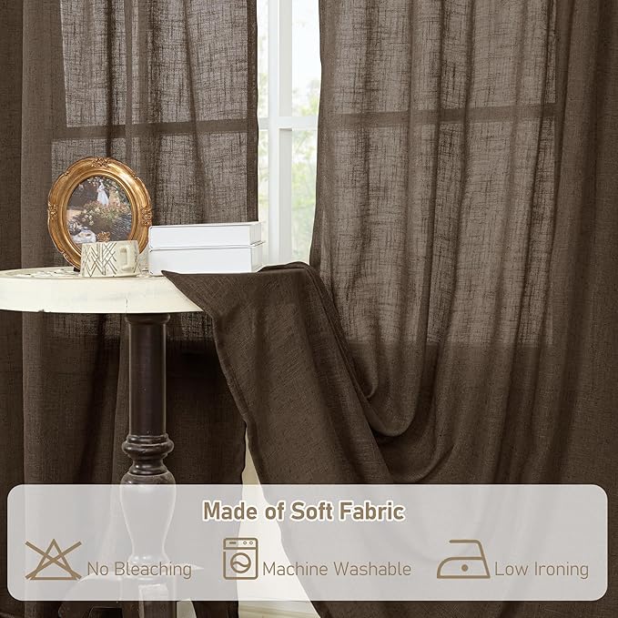LAMIT Dark Brown Linen Boho Curtains 80 inch Length 2 Panels, Light Filtering Semi Sheer Panels Back Tab and Rod Pocket Neutral Drapes for Bedroom/Living Room, 34 x 80 Inch