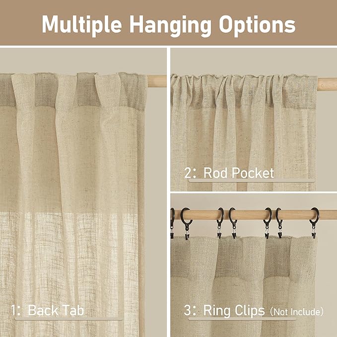 LAMIT 30 Inch Cafe Linen Curtains for Kitchen Window, Semi Sheer Light Filtering Short Curtains Back Tab and Rod Pocket Neutral Drapes for Bathroom/Basement, 2 Panels, Linen, 34 x 30 Inch