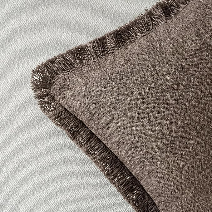 MIULEE Decorative Throw Pillow Covers Neutral Linen Fringe Throw Pillows Set of 2 Natural Coffee Boho Farmhouse Cushion Covers with Tassels for Couch Sofa Bed Living Room Spring Decor 18x18 Inch