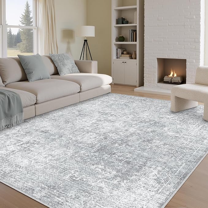 8x10 Area Rug Washable Vintage Living Room Carpet Large Indoor Non Slip Grey Bedroom Distressed Low Pile Retro Accent Throw Rug for Dining Room