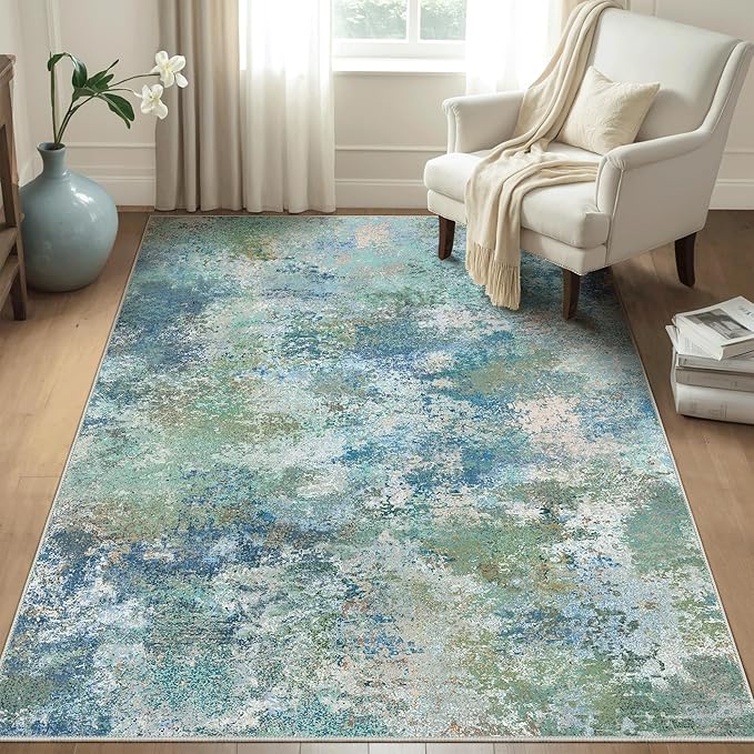 BEIMO Area Rugs 4x6 for Living Room Bedroom, Modern Abstract Machine Washable Rug, Large Soft Low Pile Floor Carpet with Non Slip Backing for Dining Room, Blue Green