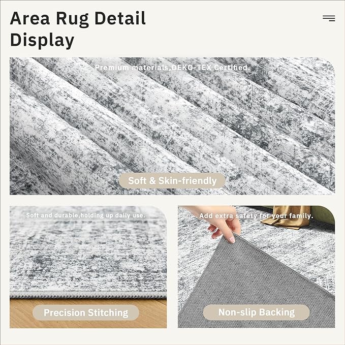 Area Rugs 4x6 for Living Room, Vintage Washable Rugs for Dining Room, Kitchen, Non-Slip Area Rug Grey