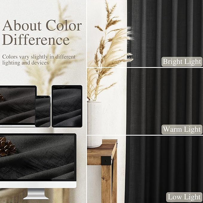 Nanspring Black Linen Curtains 24 Inch Length for Kitchen Small Windows Privacy Front Door Back Tab and Rod Pocket Drapes for Cafe Camper Small Curtains, 30 x 24 Inch,2 Panels