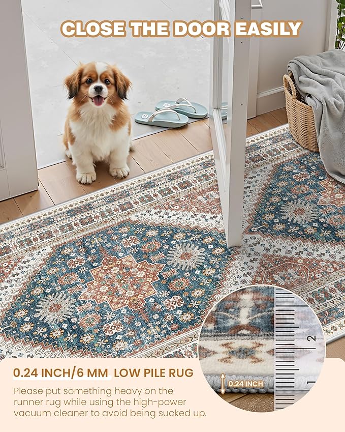 Runner Rug 2x8 Runners for Hallways Non Slip Washable, Vintage Hallway Runner Rugs for Living Room, Low Pile Soft Hallway Rug for Kitchen Bedroom Laundry Room Rug(Blue/Red,2'x8')