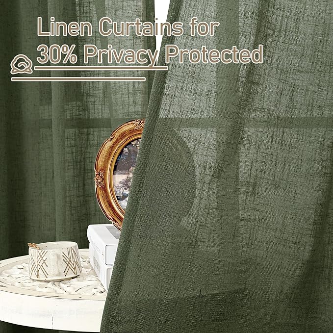 LAMIT Sheer Linen Curtains for Living Room, Back Tab and Rod Pocket Olive Green Curtains Light Filtering Country Rustic Christmas Drapes for Bedroom/Farmhouse, 2 Panels, 52 x 102 Inch
