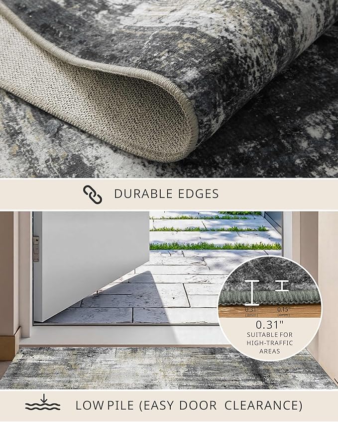 Latte&Fog 2x3 Entryway Rug, Small Modern Abstract Door Mat, Washable Kitchen Rug, Boho Non Slip Low Pile Carpet for Indoor Kitchen, Entry, Front Door and Bathroom - Black/Gold