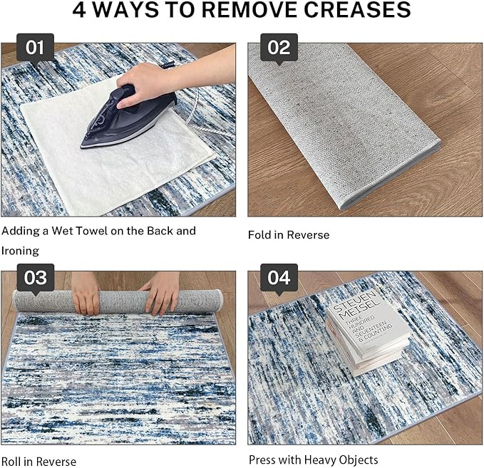 Lansny Modern Abstract 9x12 Large Machine Washable Living Room Rug Non-Slip Soft Bedroom Area Rug Grey Blue White Thin Print Faux Wool Carpet Throw Rugs for Nursery Playroom Dining Room Indoor