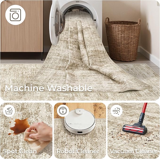3x14 Washable Runner Rug for Hallway, Non-Slip Long Hallway Runner for Entryway, Soft Vintage Kitchen Mats for Floor, Abstract Dining Room, Bedroom, Living Room Rugs(3'x14', Brown/Ivory)