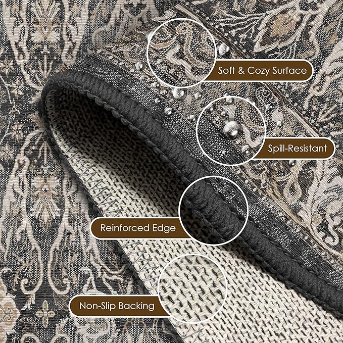 Washable Area Rug 9' x 12' Vintage Traditional Persian Mat - Foldable Distressed Non-Slip Machine Washable Carpet for Living Room Bedroom Kitchen Home Decor - Ebony and Taupe