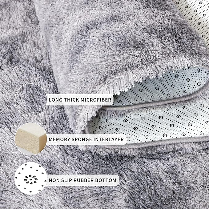 Tepook Fluffy Large Rugs for Living Room, Area Rug 6x9 Soft Carpet for Bedroom, Modern Shaggy Rug for Kids Boys Girls, Plush Indoor Nursery Home Decor Rug with Non-Slip Bottom, Tie-dye Light Grey